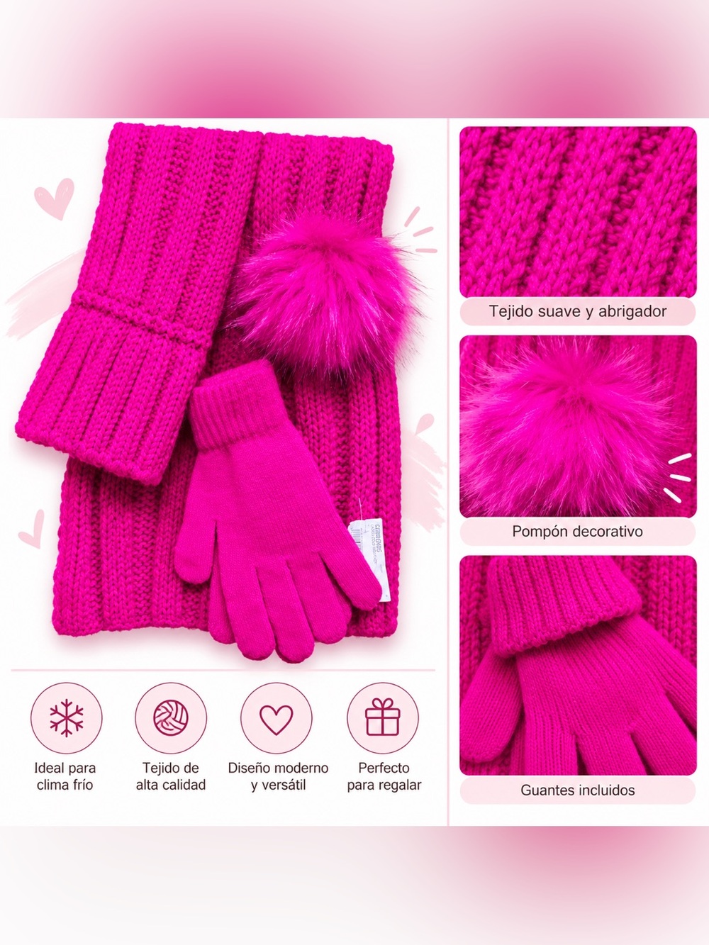 Cozy Knit Hat, Scarf & Gloves Set - Hot Pink Faux-Fur Pom
